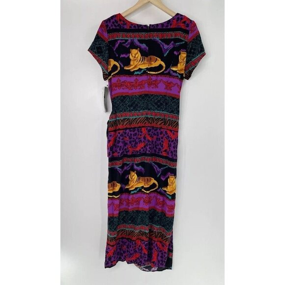Vintage 90s‎ Deadstock Tiger Boho Print Short Sleeve Wrap Skirt Maxi Dress 14 - Picture 3 of 16